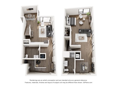 Two images of a floor plan of a house with a kitchen, living room, and bedrooms.